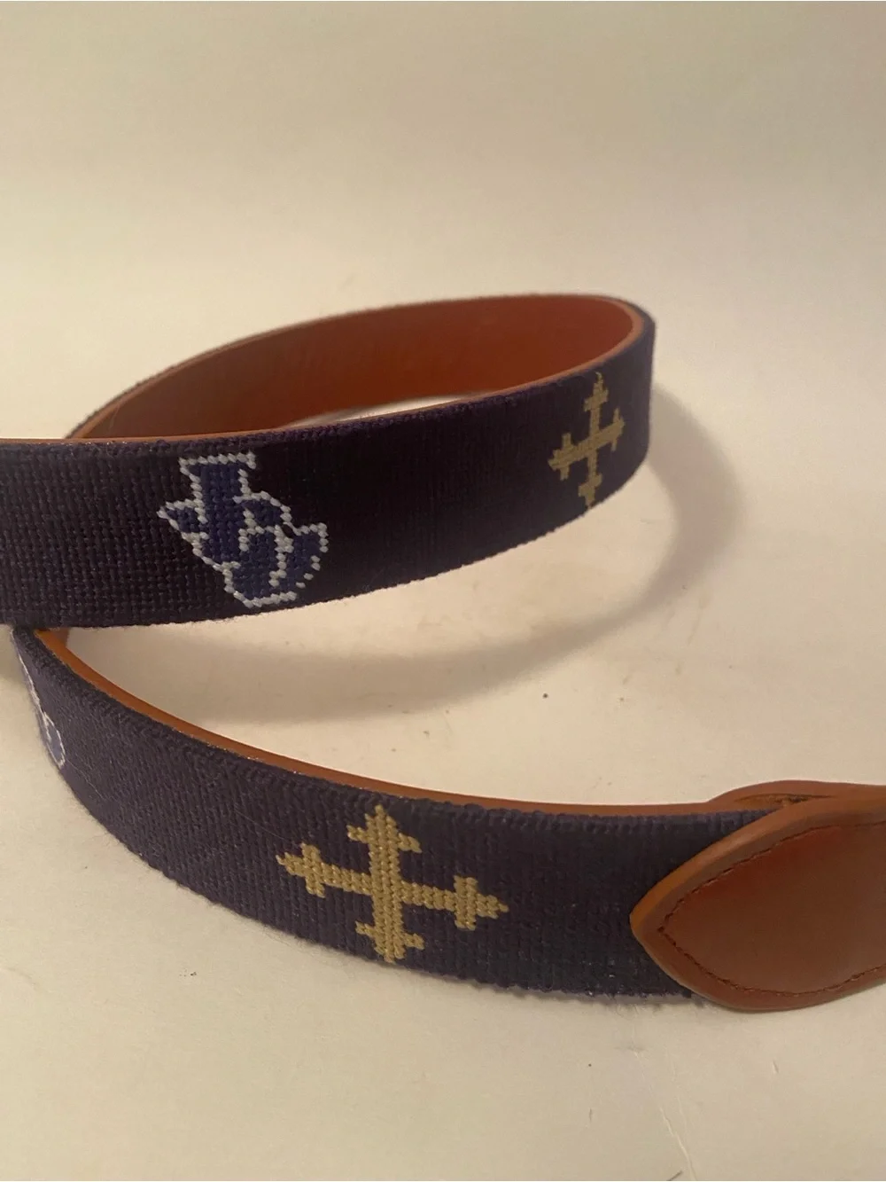 Bluegrass Fairway Navy Blue Custom Embroidered Images Canvas LeatherTrim Belt 35